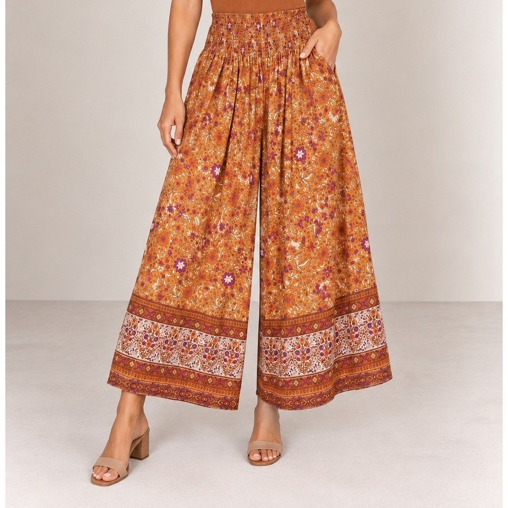 Natural Life Palazzo Pants Large Mustard Yellow Floral Smocked Wide Leg Boho